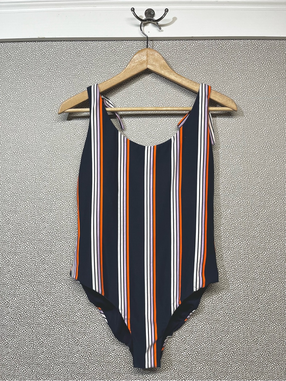 M Carve Navy Vertical Stripe One-Piece Swimsuit with Orange & White Stripes